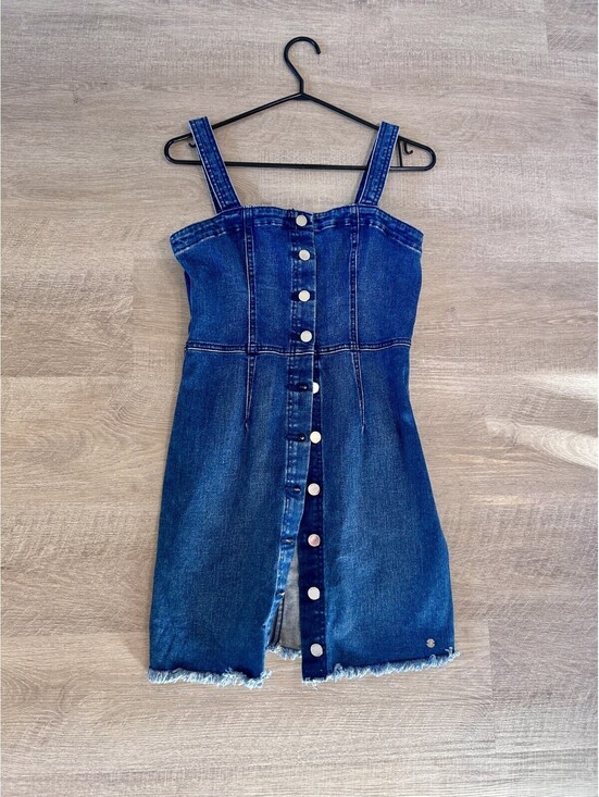 Volcom Dresses & Skirts - Volcom Denim Mini Dress Blue Button Front Raw Hem Sleeveless Medium Wash Size S
